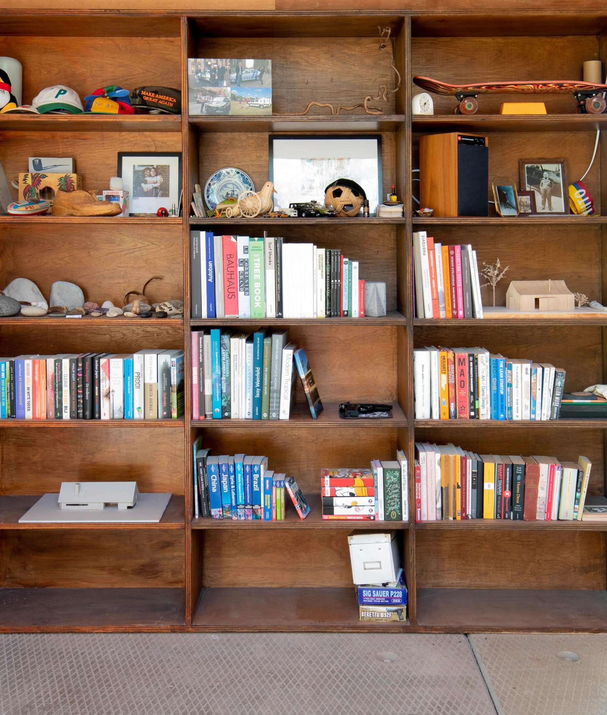 Interior book shelf in Shady Shed
