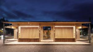 Street view at night of Kärdla City Pavilion